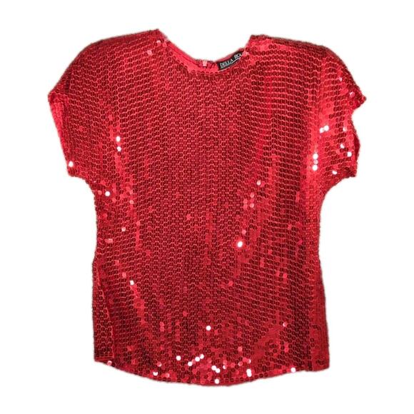 Della Roufogali Red Silk Sequin Top S NWT '80s NYE Party Shoulder Pads Holiday - Picture 1 of 8